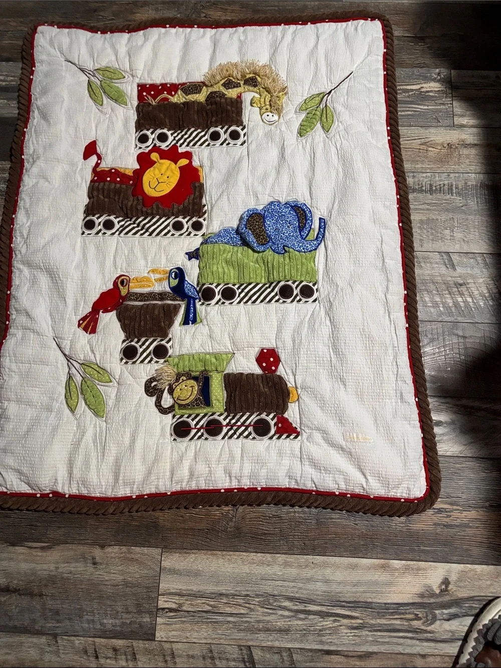 Neutral Cotton Baby Quilt in White and Brown with Red Accent #007